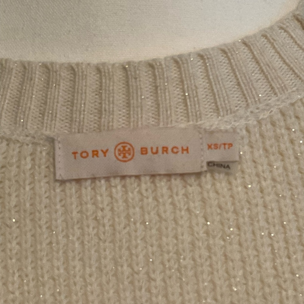 Tory Burch Cream Sweater with Gray Logo & Shimmery gold threading - Picture 13 of 16
